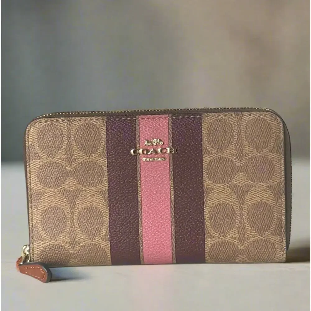 Coach Medium Zip Wallet Brown Signature Canvas Varsity Stripe ID CBO79